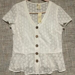 Japna White Eyelet Blouse with Wooden Buttons NWT Medium 100% Cotton